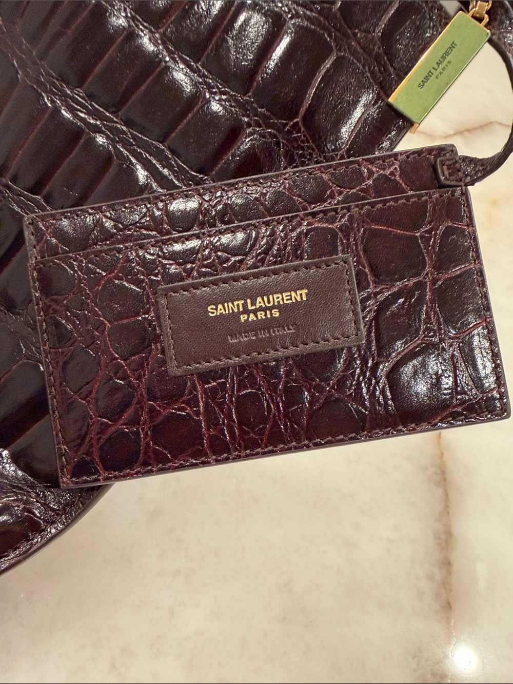 Saint Laurent Croc-Embossed Crossbody in Deep Burgundy with Gold Chain - Picture 5 of 7